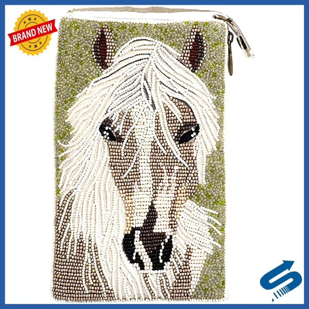 Bamboo Leather Crossbody Wristlet Bag with Horse Beading